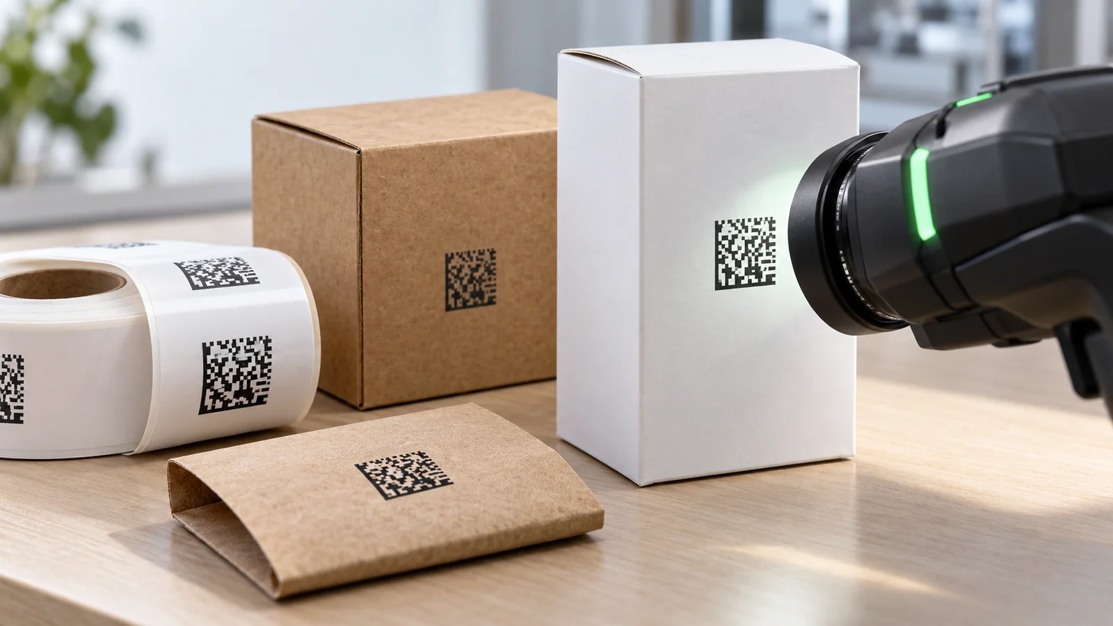 Paper cartons, kraft packaging and label stock with printed 2D codes being checked by a professional barcode verifier.