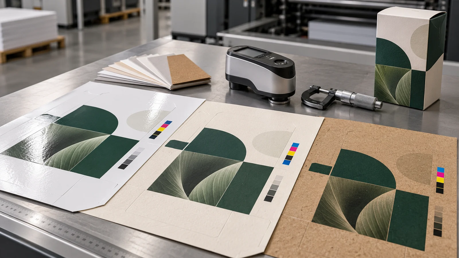 Coated board, uncoated paper and kraft print samples beside a spectrophotometer, caliper and automated production-planning screen.