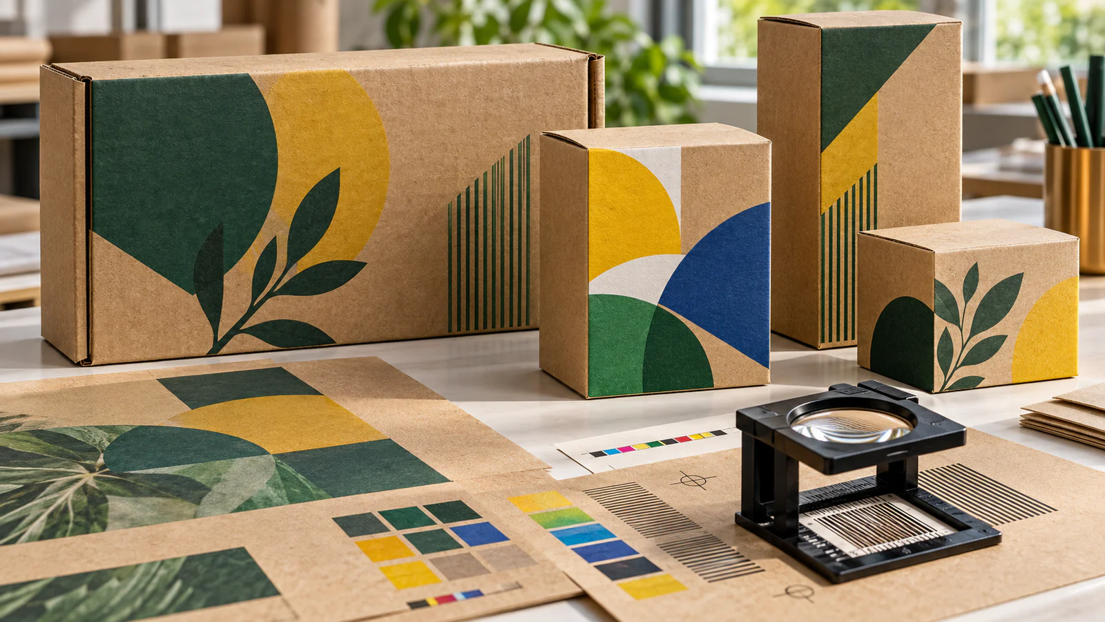 Cajas de kraft marrón impresas digitalmente y pruebas de color con tonos vivos, base blanca e inspección de detalles finos.