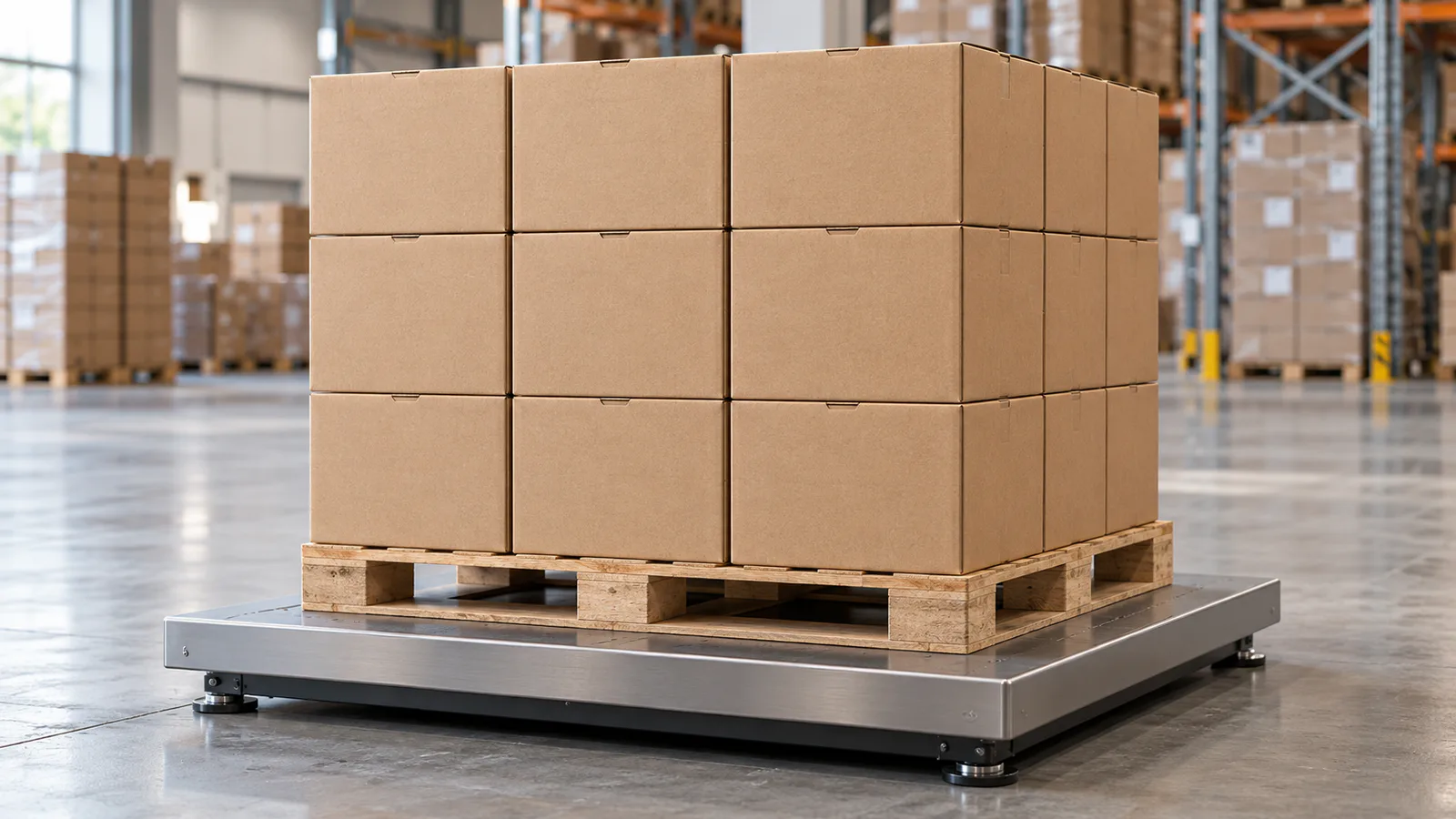A pallet of paper packaging being weighed on an industrial floor scale for EPR volume tracking.