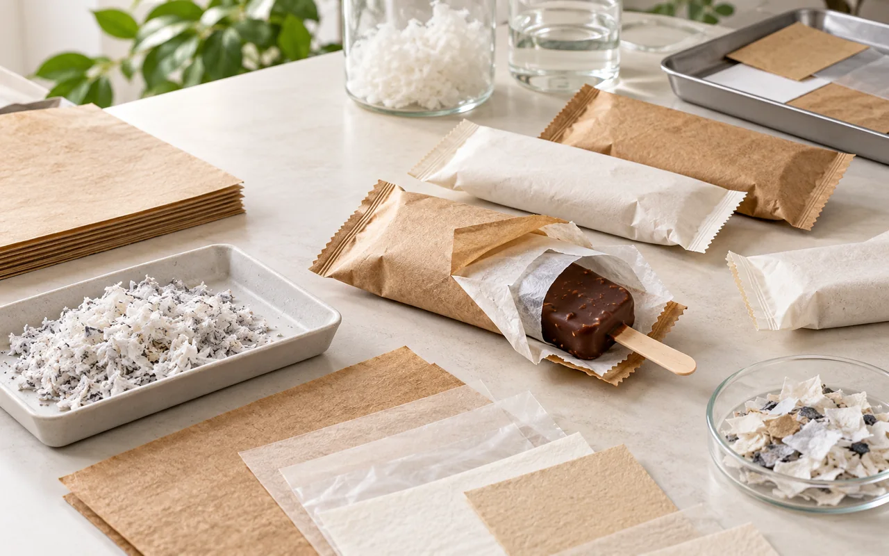 Paper-based frozen-dessert wrappers, fibre samples and thin barrier layers arranged for a packaging recyclability evaluation.