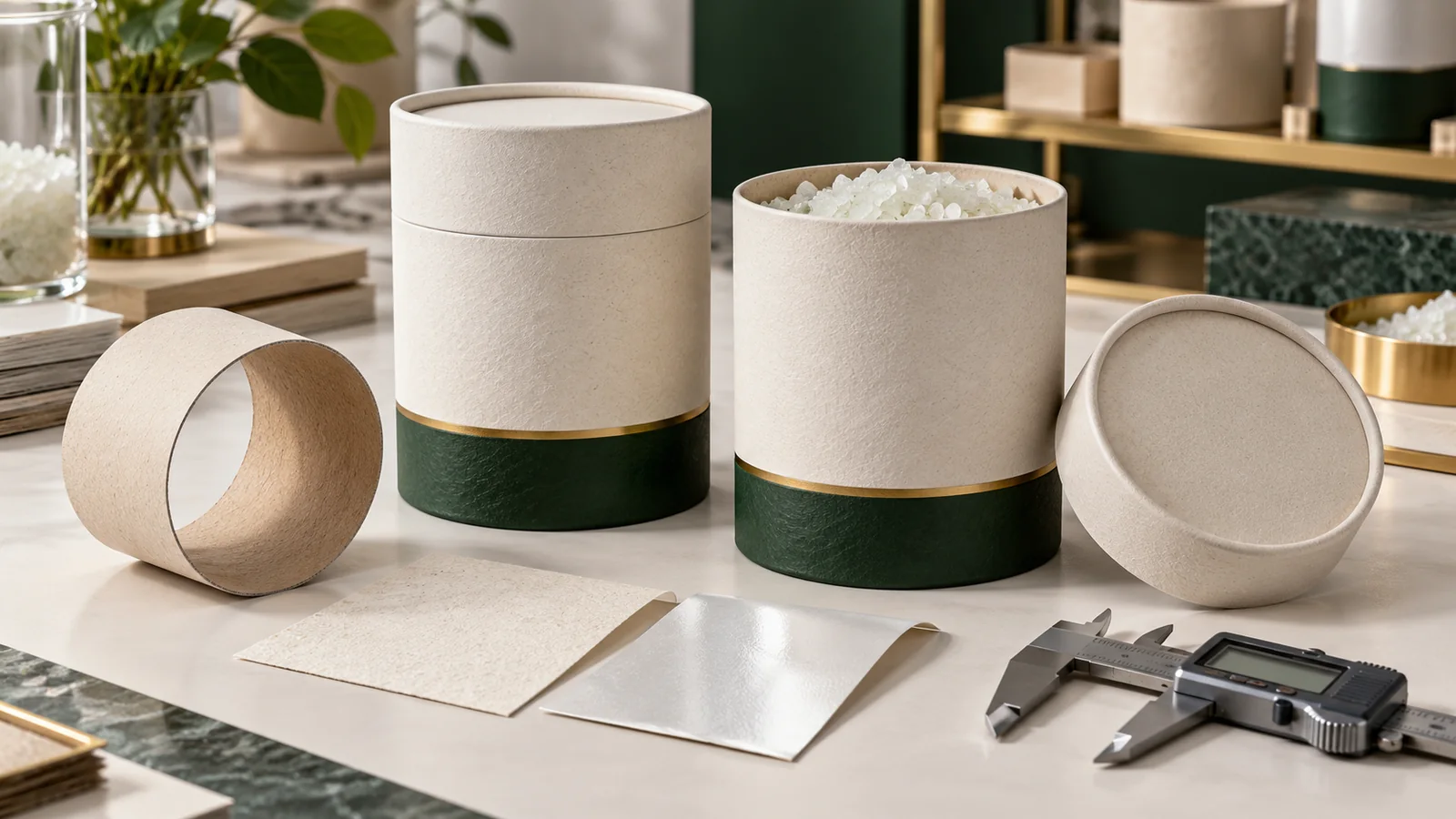 Premium rigid paper cans for bath crystals with paper tube, lid, barrier-coated samples and a digital caliper on a packaging development table.