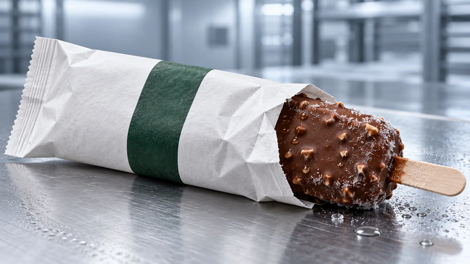 Paper-dominant ice cream wrappers, barrier-paper samples and cold-chain test instruments on a packaging development bench.