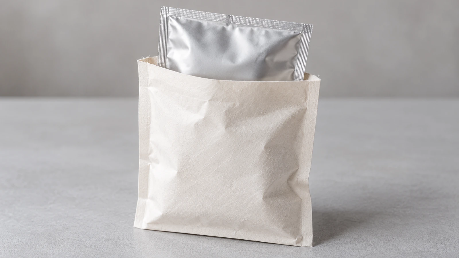 A plain white paper outer pouch surrounding a separate sealed silver inner sachet on a grey surface.