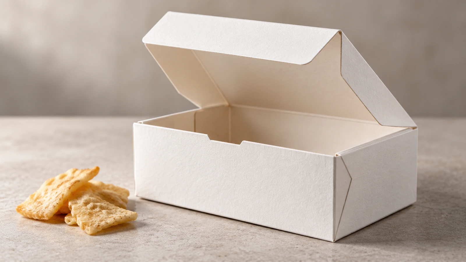 A compact matte paperboard snack carton shown open beside a small portion of crackers, highlighting clean folds and board texture.