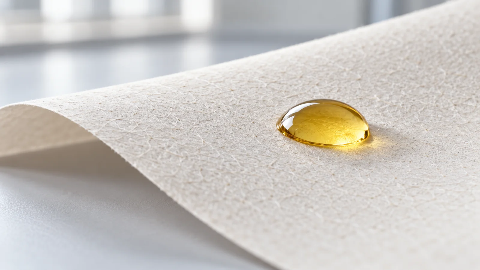 A single oil droplet beading on a clean starch-barrier paper surface in a food-packaging test.