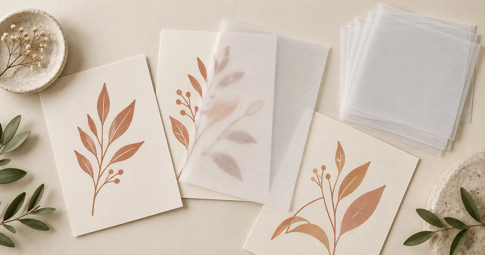 Translucent tracing-paper overlays on botanical invitation cards beside a stack of cut paper sheets.
