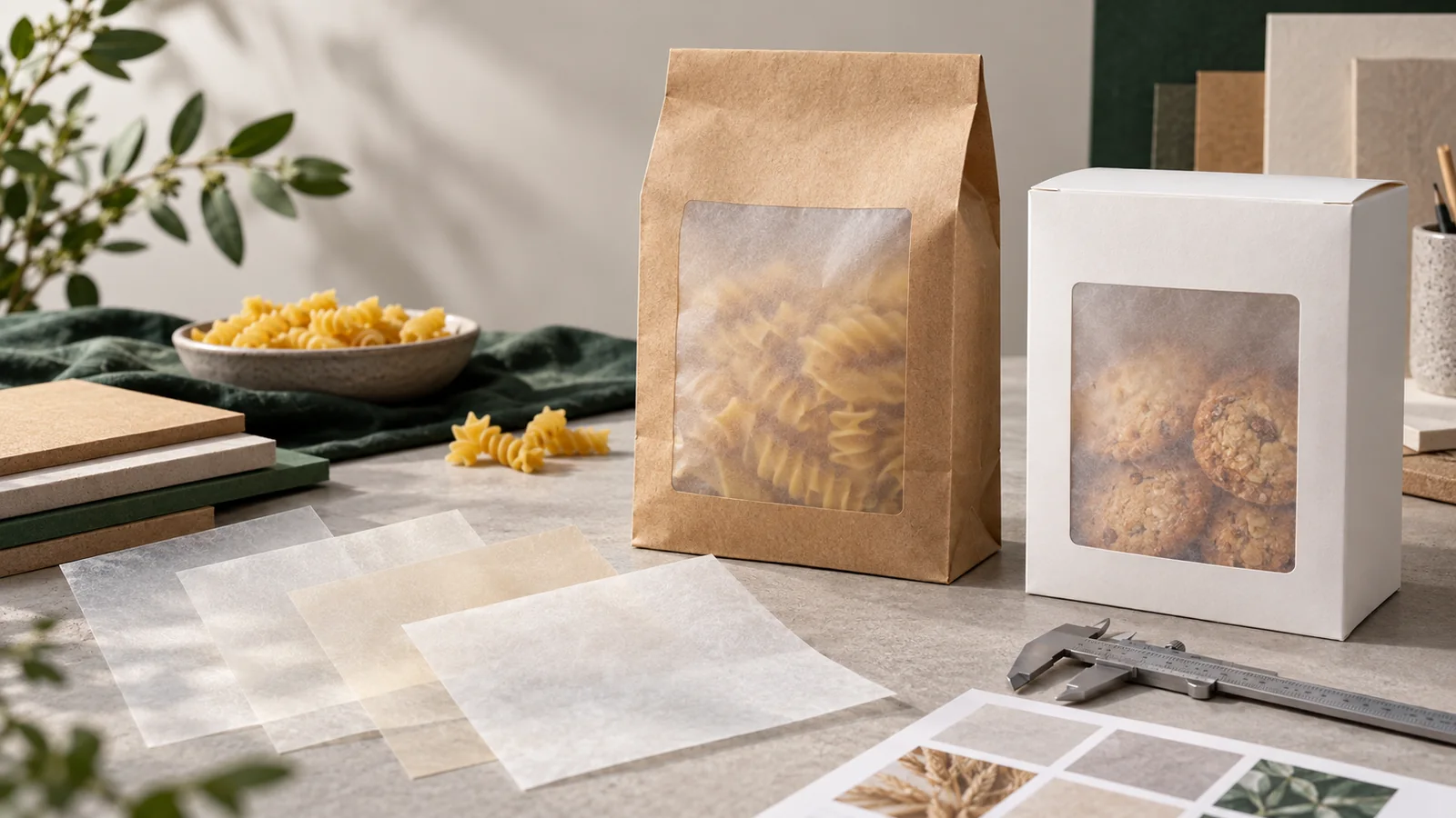 Bolsa kraft y caja de cartón blanco con ventanas de papel translúcido junto a muestras de fibra transparente y un calibre.